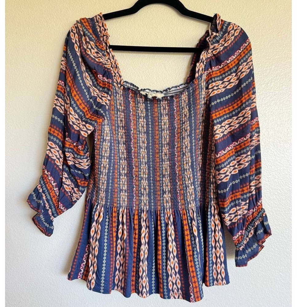 Les Serein Bourges Smocked Blue Geometric Print Smocked Boho Top M Euro Summer